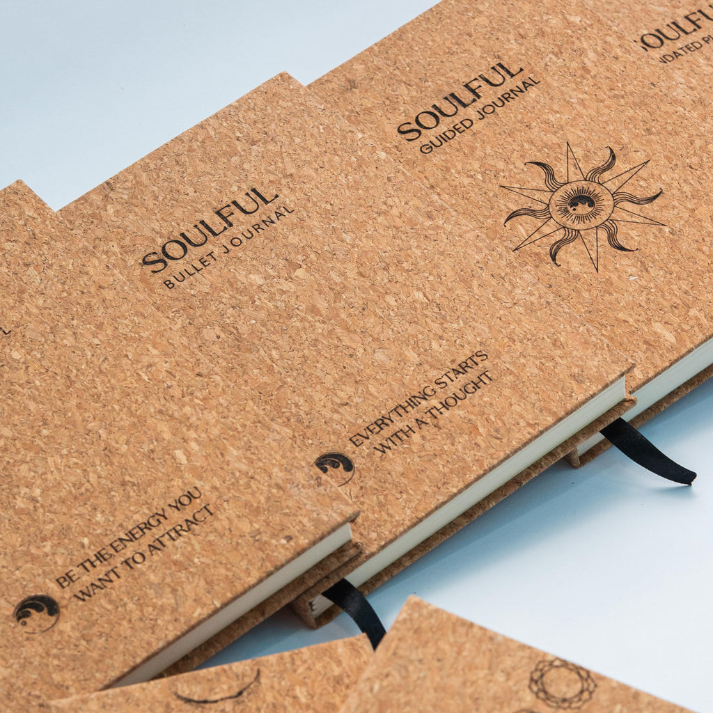 Close-up of the cork cover and laser-engraved design on the A5 bullet journal