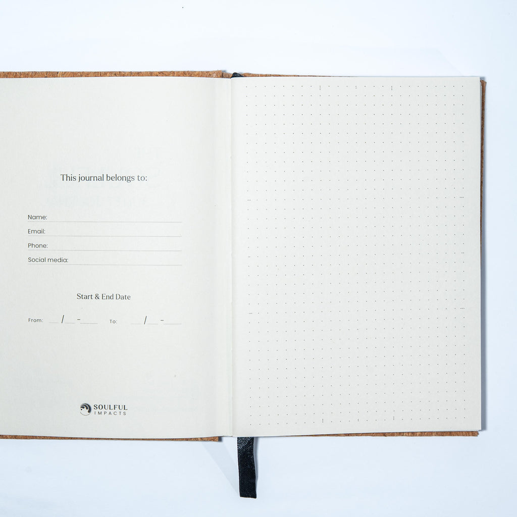 A5 cork bullet journal shown outdoors in natural Bali setting