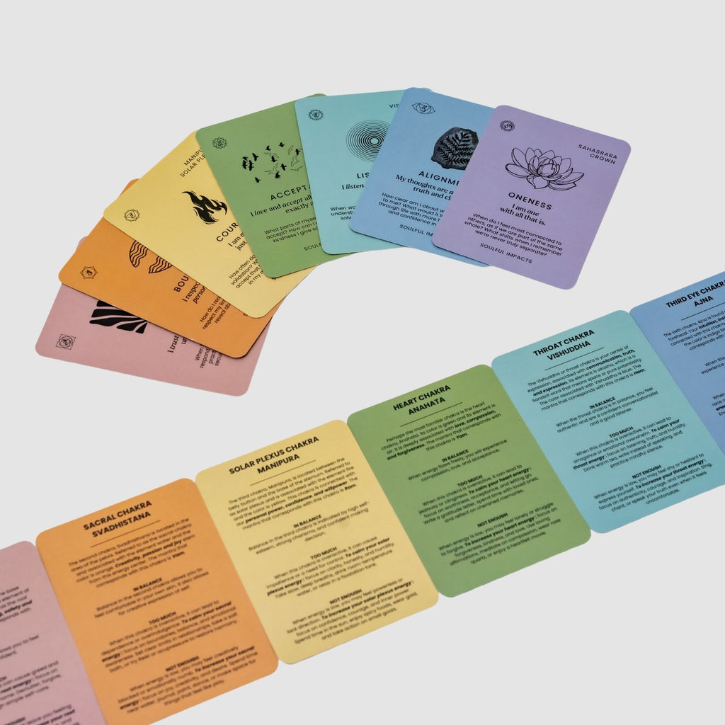 Set of colorful Chakra Affirmation Cards with text and symbols on a white background