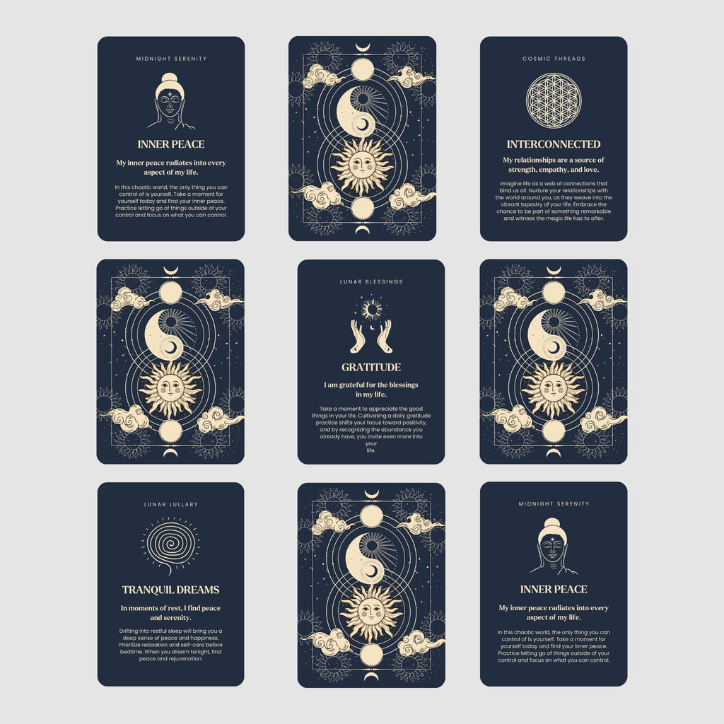 Set of tarot moon cards with celestial designs and text on a light gray background