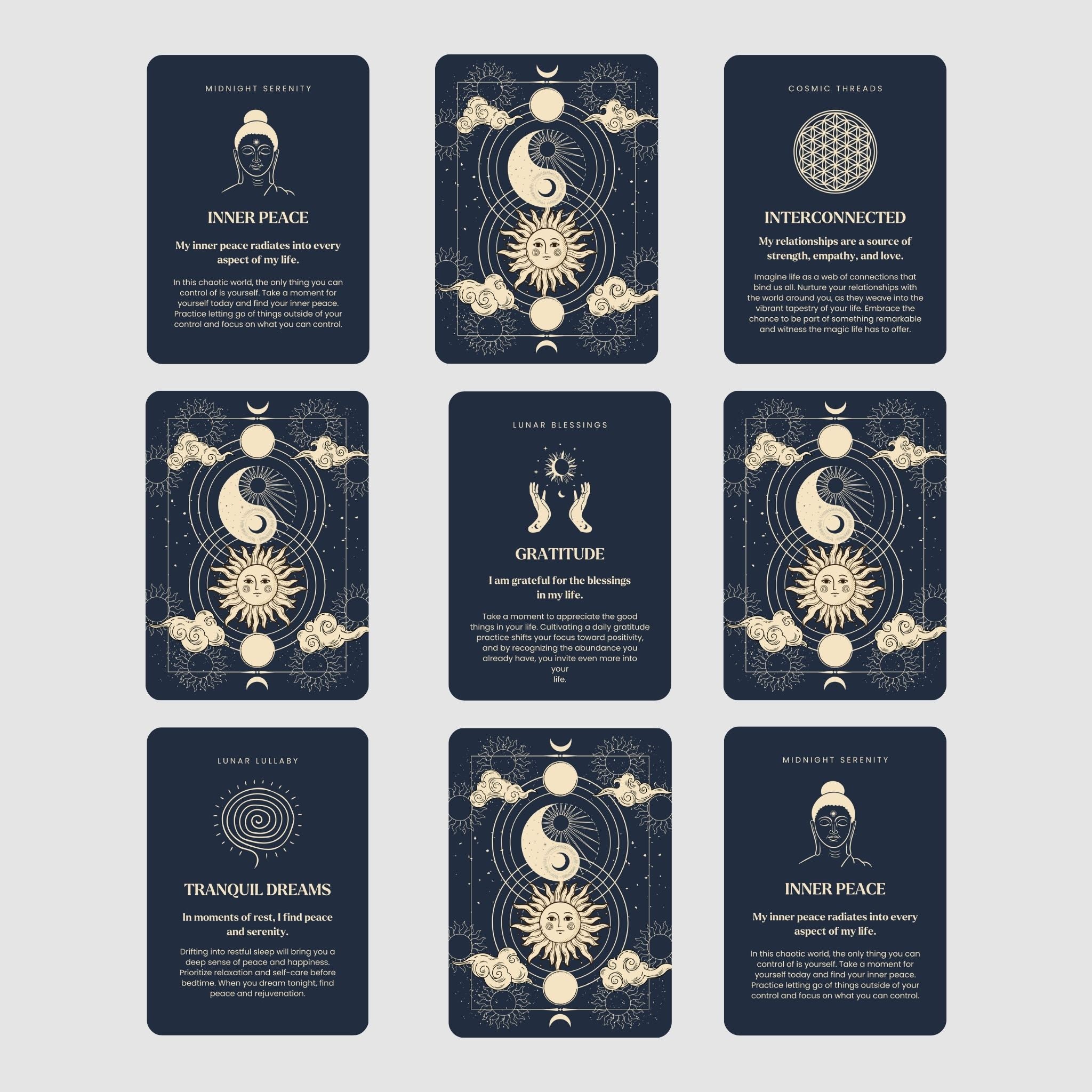 Set of tarot moon cards with celestial designs and text on a light gray background