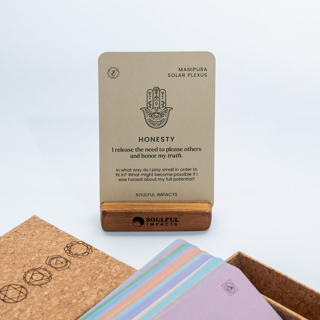 Chakra Affirmation Card Deck shown with cork box and wooden card stand