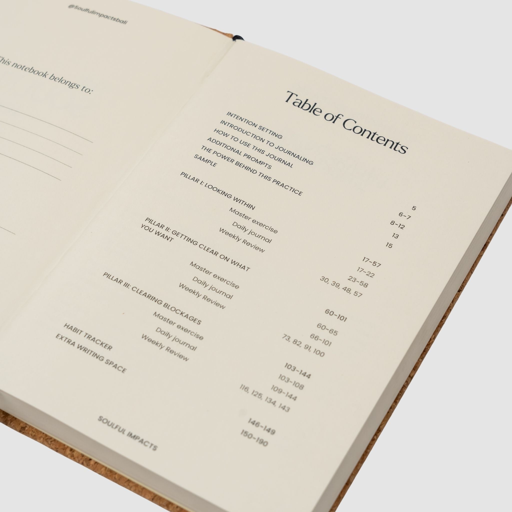 Table of Contents page of a notebook with a plain background