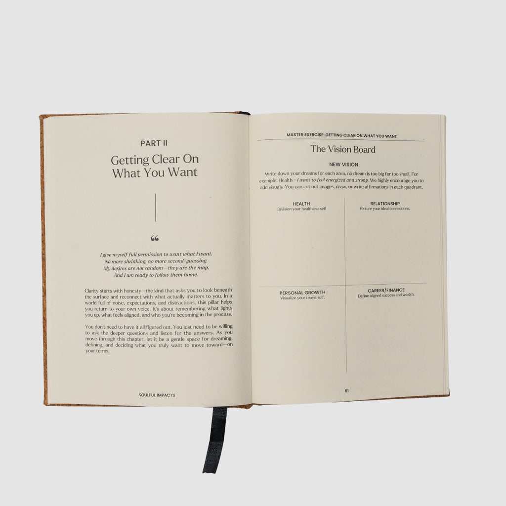 Open guided journal getting clear on what you want and vision board, sitting on a white background