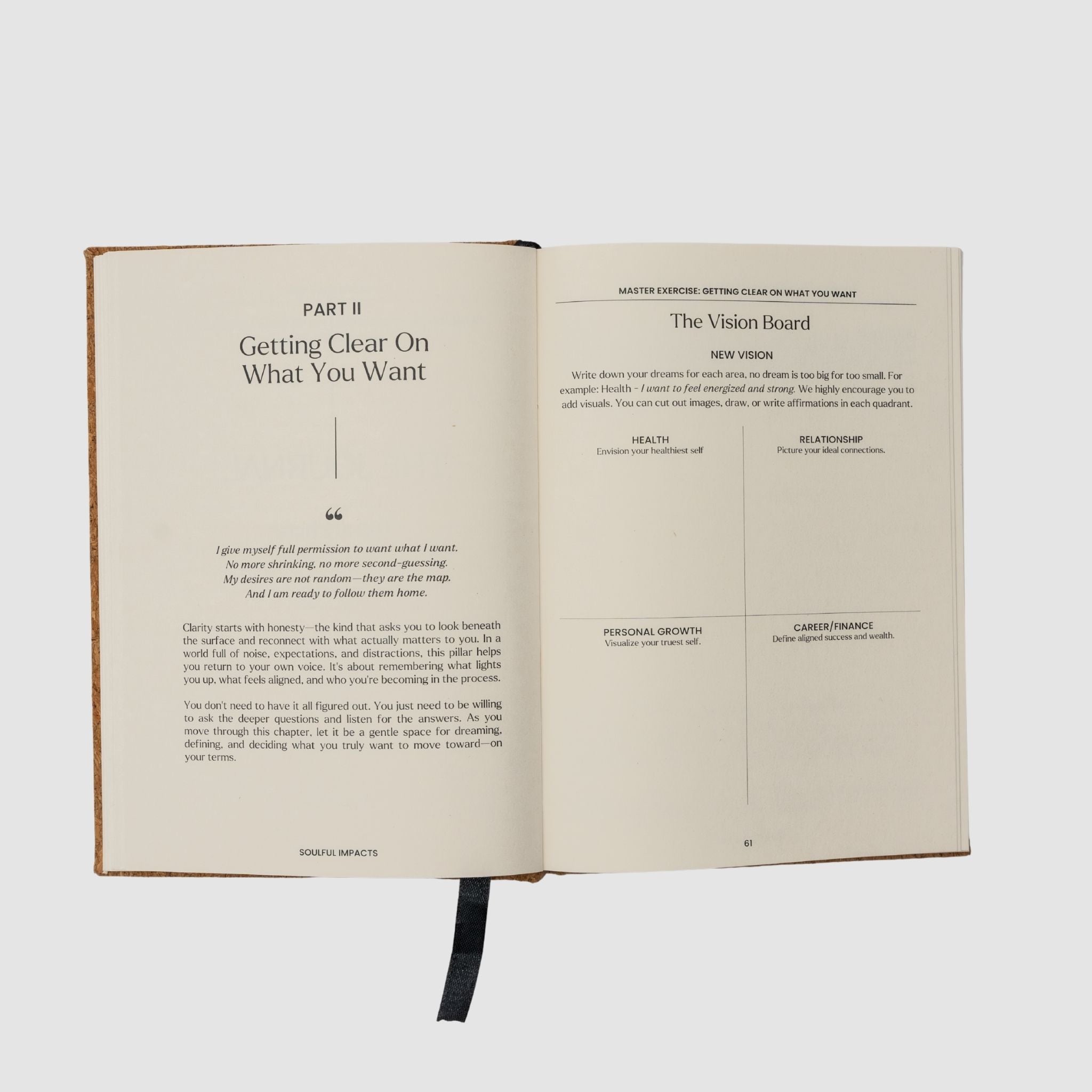 Open guided journal getting clear on what you want and vision board, sitting on a white background