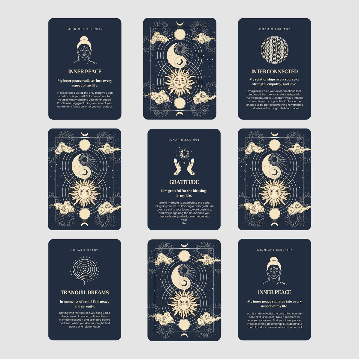 Moon Mantra oracle cards with celestial moon phase designs
