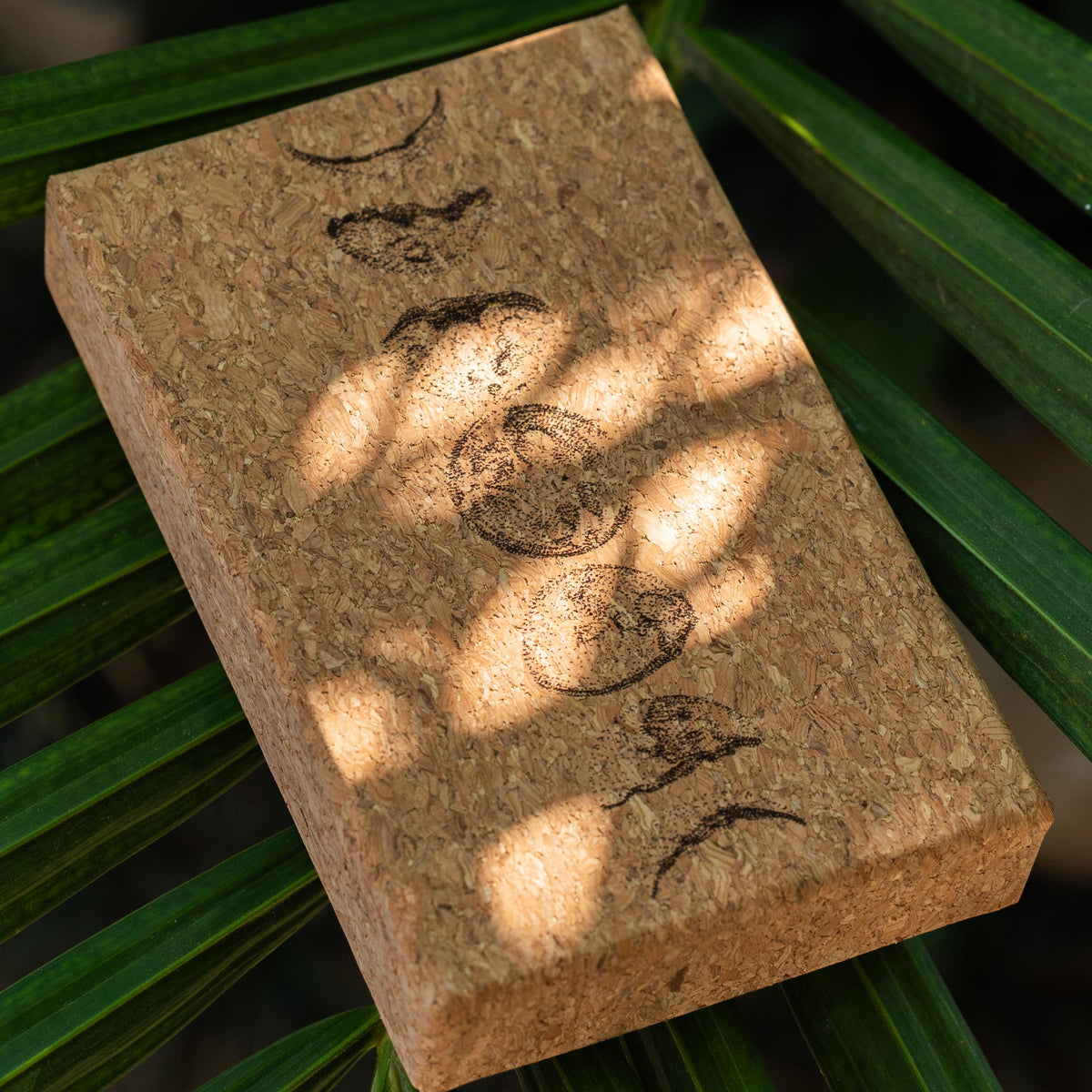 Moon Mantra Oracle Deck cork box resting on a leaf, handmade in Bali