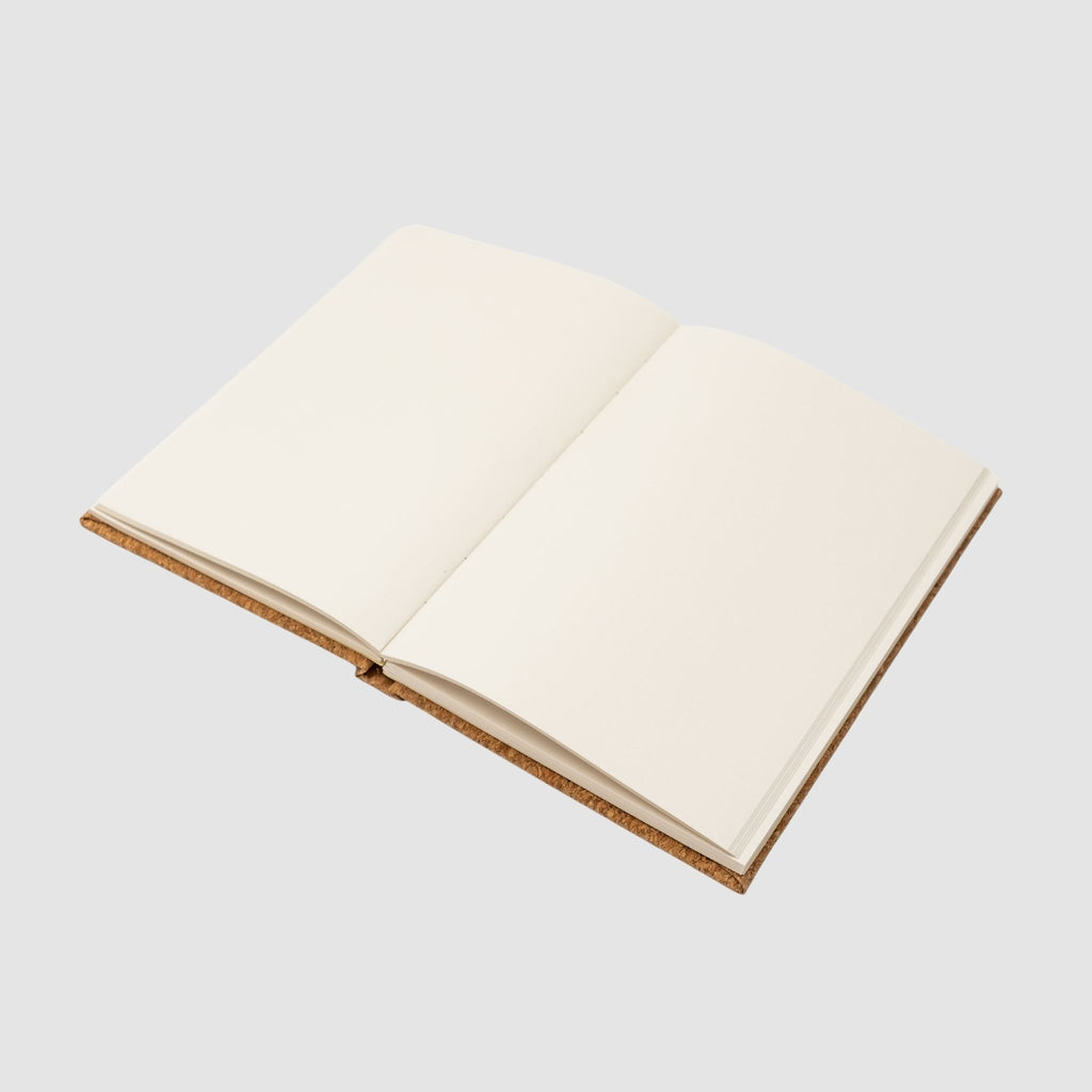 Open softcover notebook with blank pages, on a white background