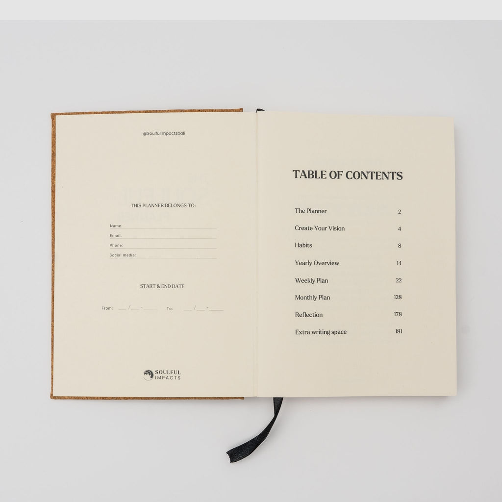 Open planner with table of contents on a white background