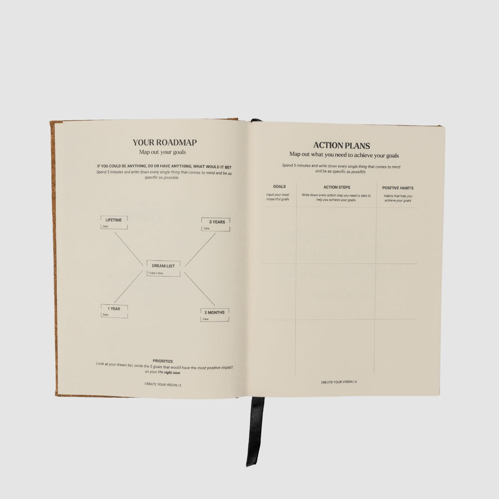 Open notebook with roadmap and action plans on a white background